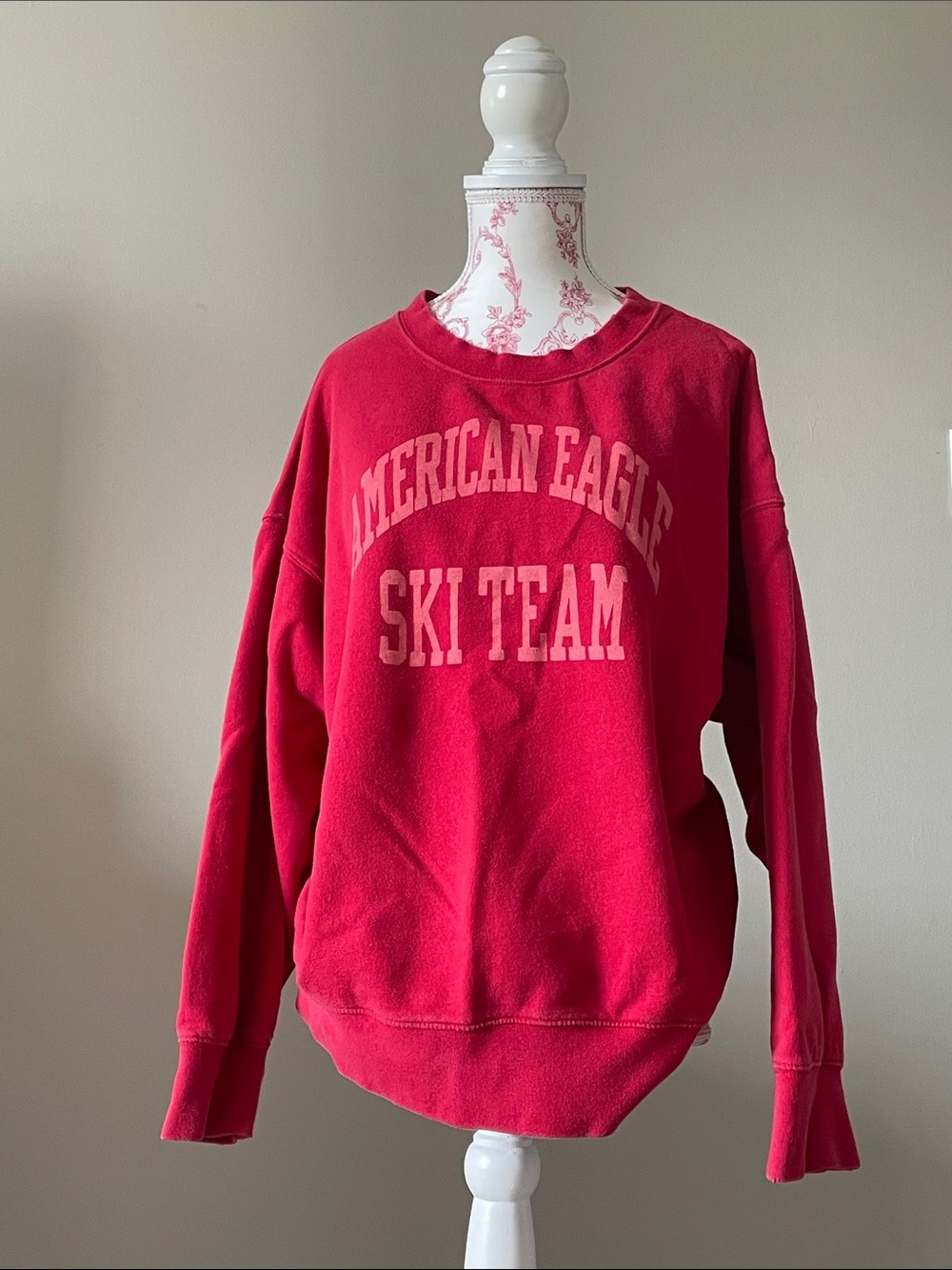 American Eagle Outfitters Pink-Red 'Ski Team' Crewneck Sweatshirt
